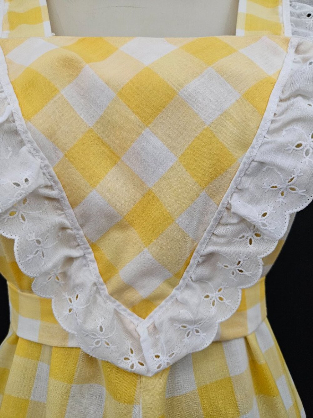 60s/70s Yellow Gingham Ruffled Trim Maxi Dress - Picture 4 of 15